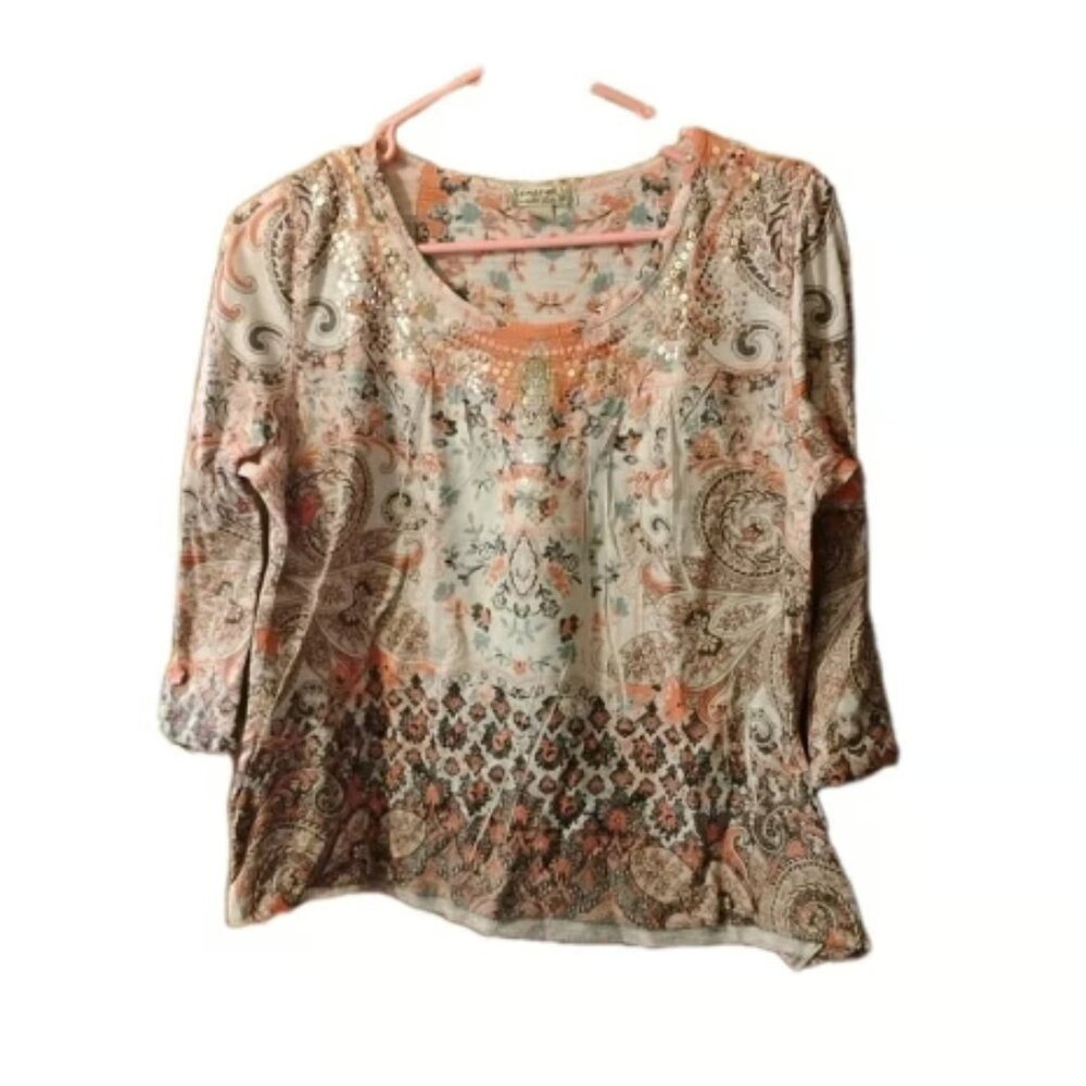 Emerge World Wear 3/4 Sleeve Floral Print Sequin Medium Blouse (18"W X 20"L